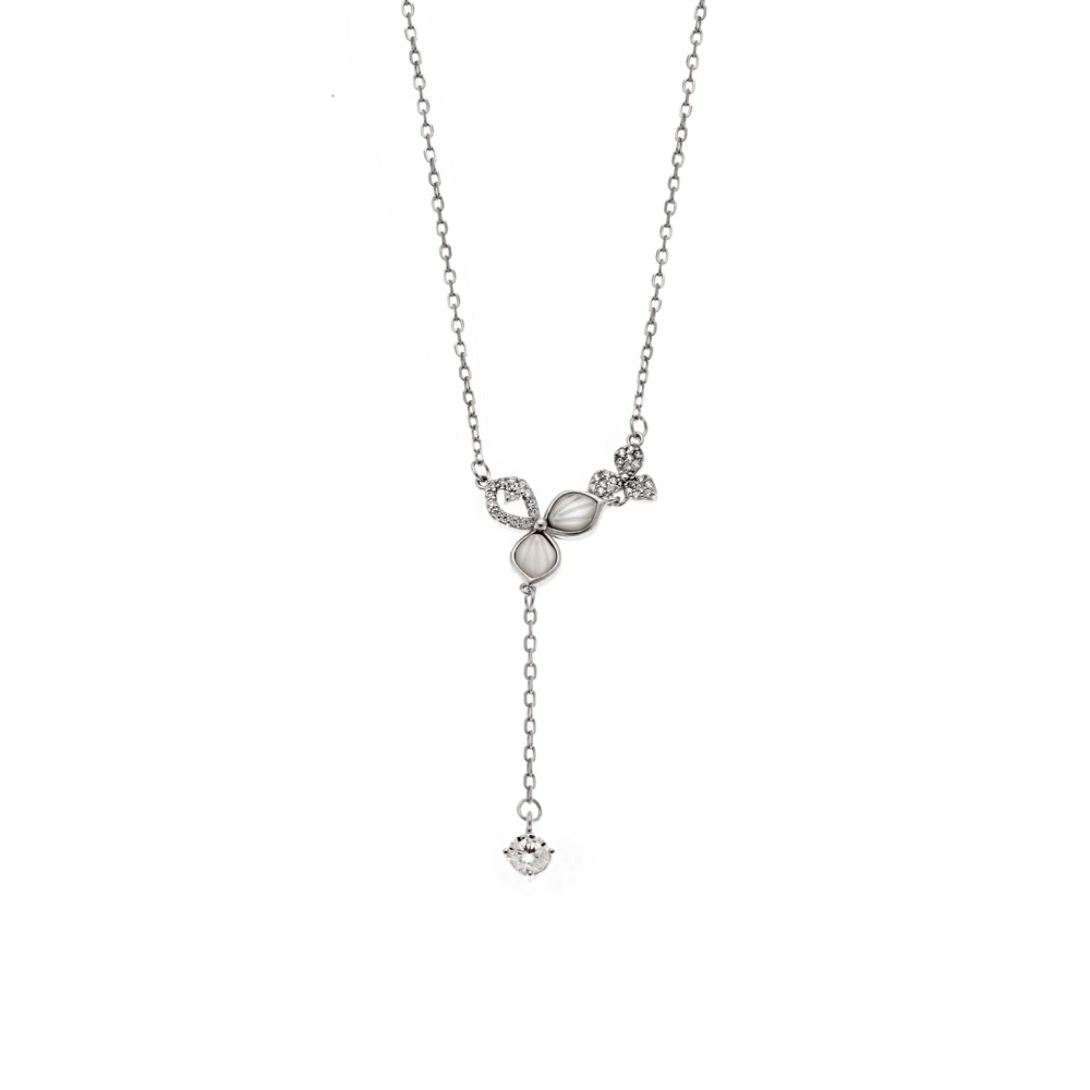 Κολιέ SENZA Flower Rhodium Plated Ασήμι 925 με Φίλντισι - SSR4493SR