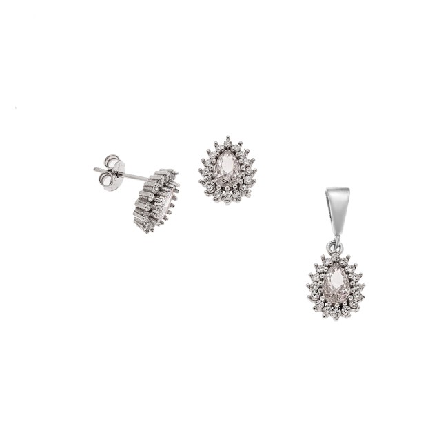 Σετ Μενταγιόν Σκουλαρίκια Γυναικείο SΕΝΖΑ Silver 925 Δάκρυ Λευκό - SSR4494-1