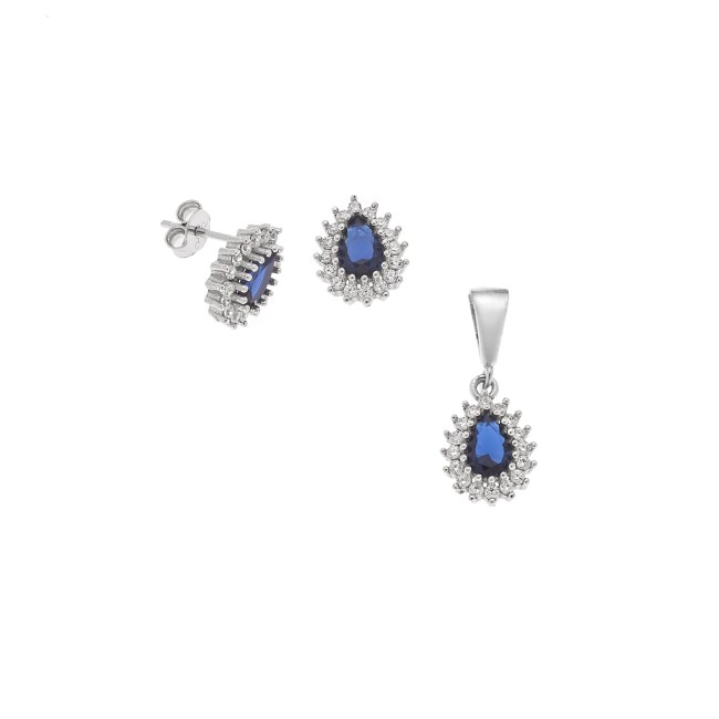 Σετ Μενταγιόν Σκουλαρίκια Γυναικείο SΕΝΖΑ Silver 925 Δάκρυ Μπλε - SSR4494-5