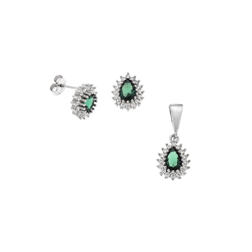Σετ Μενταγιόν Σκουλαρίκια Γυναικείο SΕΝΖΑ Silver 925 Δάκρυ Πράσινο - SSR4494-6
