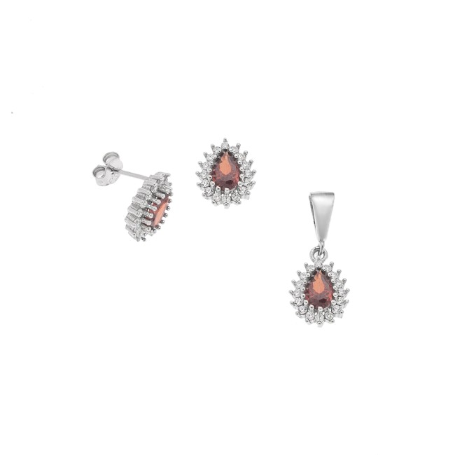 Σετ Μενταγιόν Σκουλαρίκια Γυναικείο SΕΝΖΑ Silver 925 Δάκρυ Κόκκινο - SSR4494-7