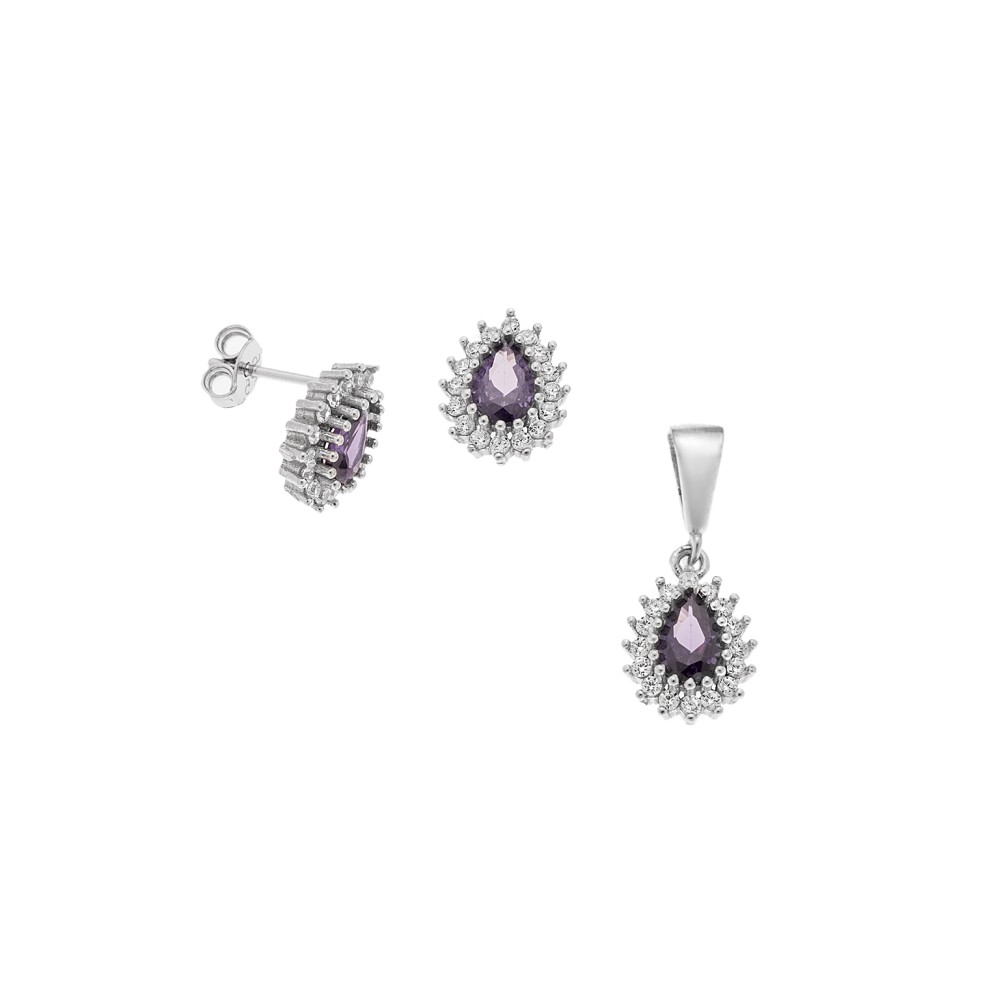 Σετ Μενταγιόν Σκουλαρίκια Γυναικείο SΕΝΖΑ Silver 925 Δάκρυ Μωβ - SSR4494-9