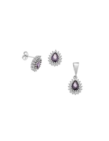 Σετ Μενταγιόν Σκουλαρίκια Γυναικείο SΕΝΖΑ Silver 925 Δάκρυ Μωβ - SSR4494-9