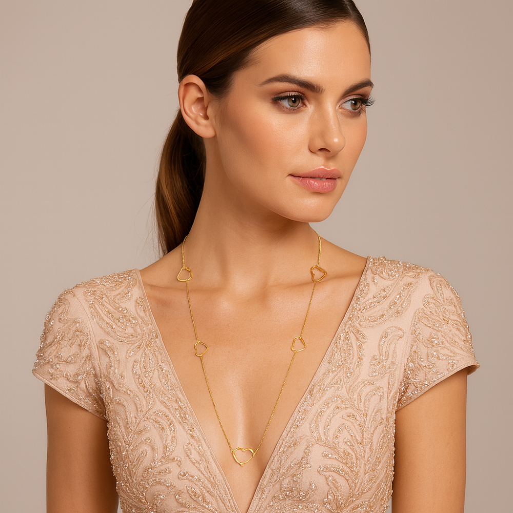 Κολιέ Μακρύ SENZA Επιχρυσωμένο Ασήμι 925 με Καρδιές - SSR4514GD