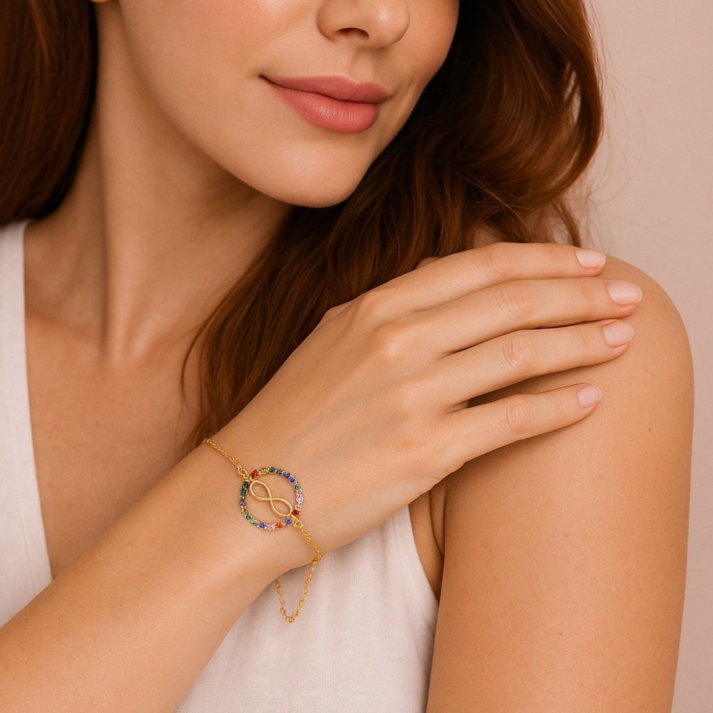 Βραχιόλι Γυναικείο Senza από επιχρυσωμένο ασήμι 925, κύκλος με άπειρο και πολύχρωμα ζιργκόν - SSR4647GD