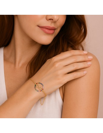 Βραχιόλι Γυναικείο Senza από επιχρυσωμένο ασήμι 925, κύκλος με άπειρο και πολύχρωμα ζιργκόν - SSR4647GD