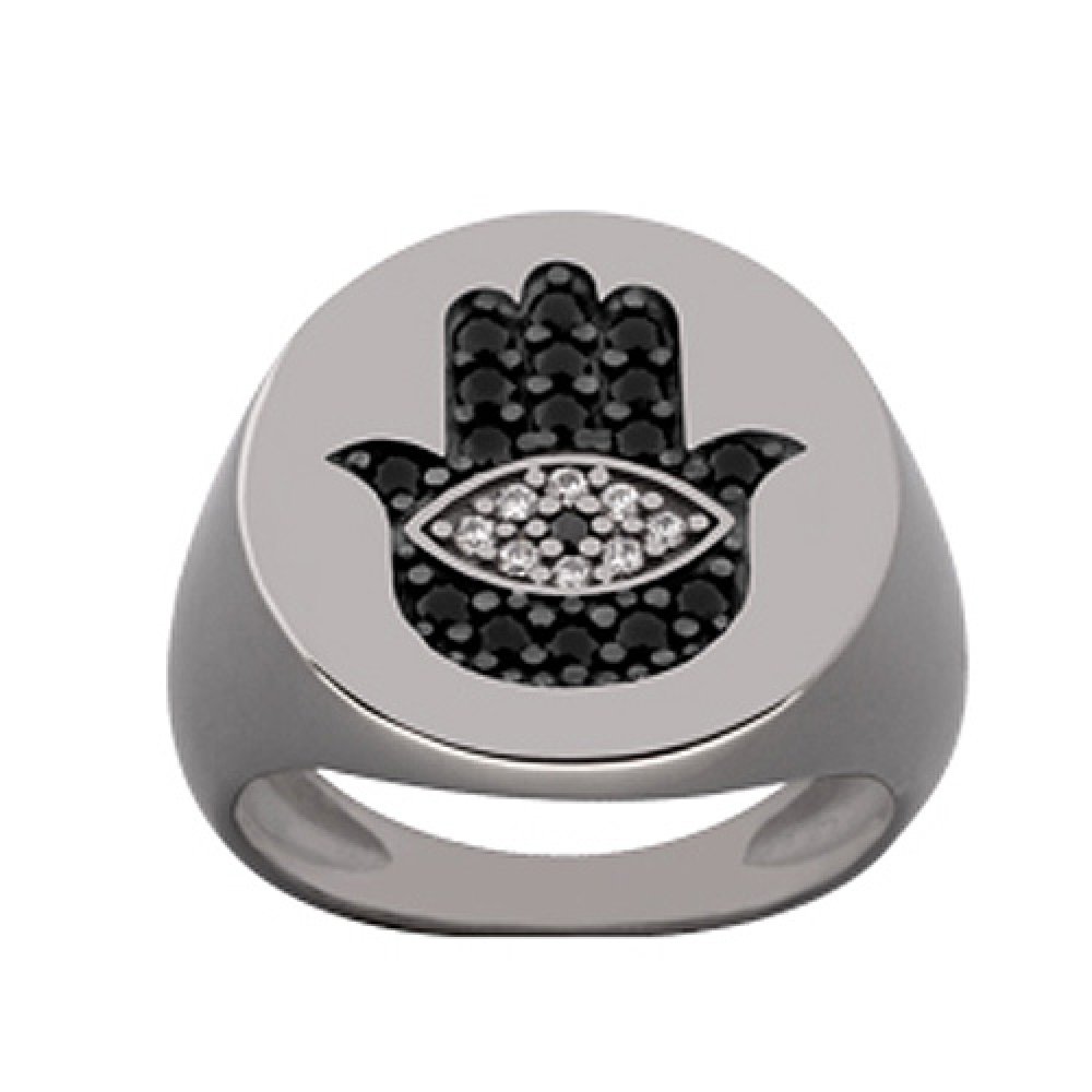 Δαχτυλίδι Chevalier Senza Από Ασήμι Μαύρο -Ασημί- Λευκό Hamsa ZM722 ZM722