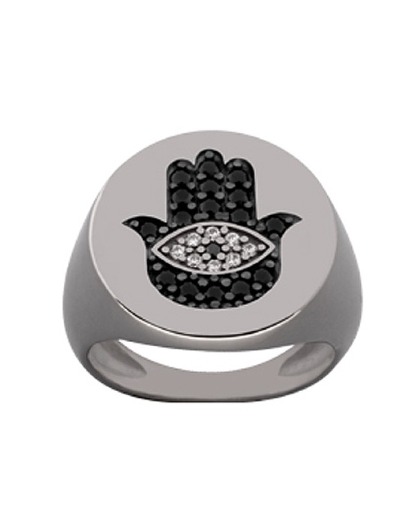 Δαχτυλίδι Chevalier Senza Από Ασήμι Μαύρο -Ασημί- Λευκό Hamsa ZM722 ZM722