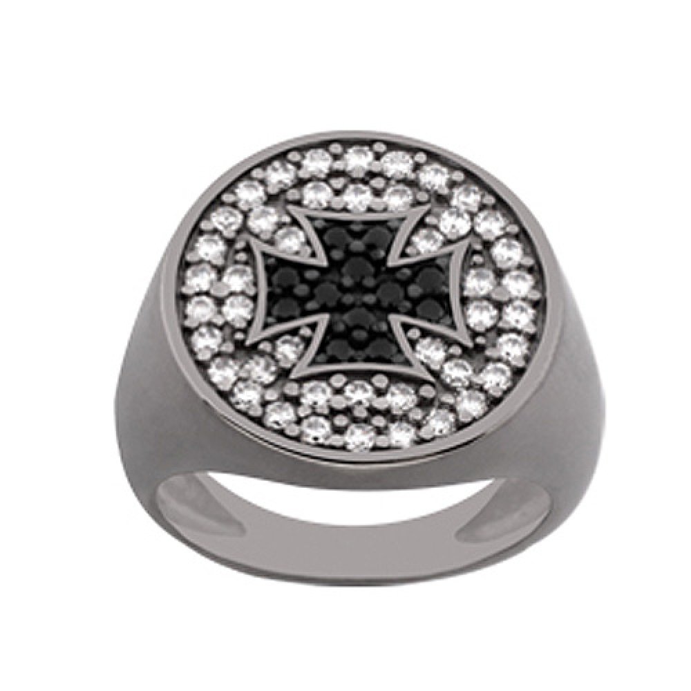 Δαχτυλίδι Chevalier Senza Από Ασήμι Μαύρο -Ασημί-Λευκός Με Σταυρό ZM726 ZM726