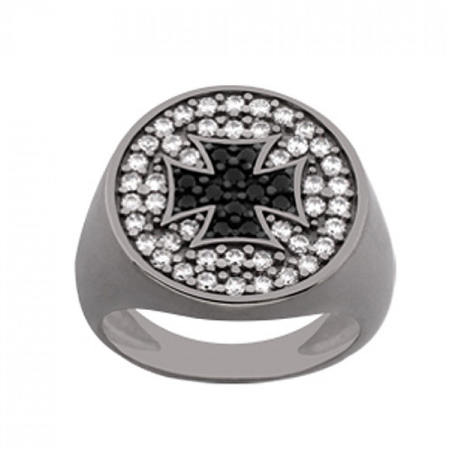 Δαχτυλίδι Chevalier Senza Από Ασήμι Μαύρο -Ασημί-Λευκός Με Σταυρό ZM726 ZM726