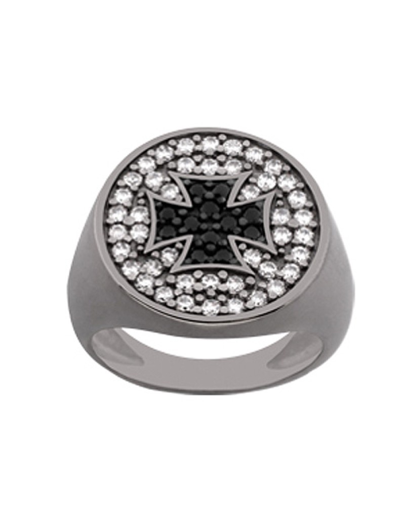 Δαχτυλίδι Chevalier Senza Από Ασήμι Μαύρο -Ασημί-Λευκός Με Σταυρό ZM726 ZM726