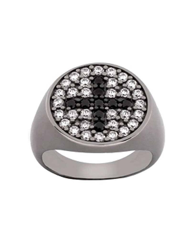 Δαχτυλίδι Chevalier Senza Από Ασήμι Μαύρο -Ασημί-Λευκός Με Σταυρό ZM727 ZM727