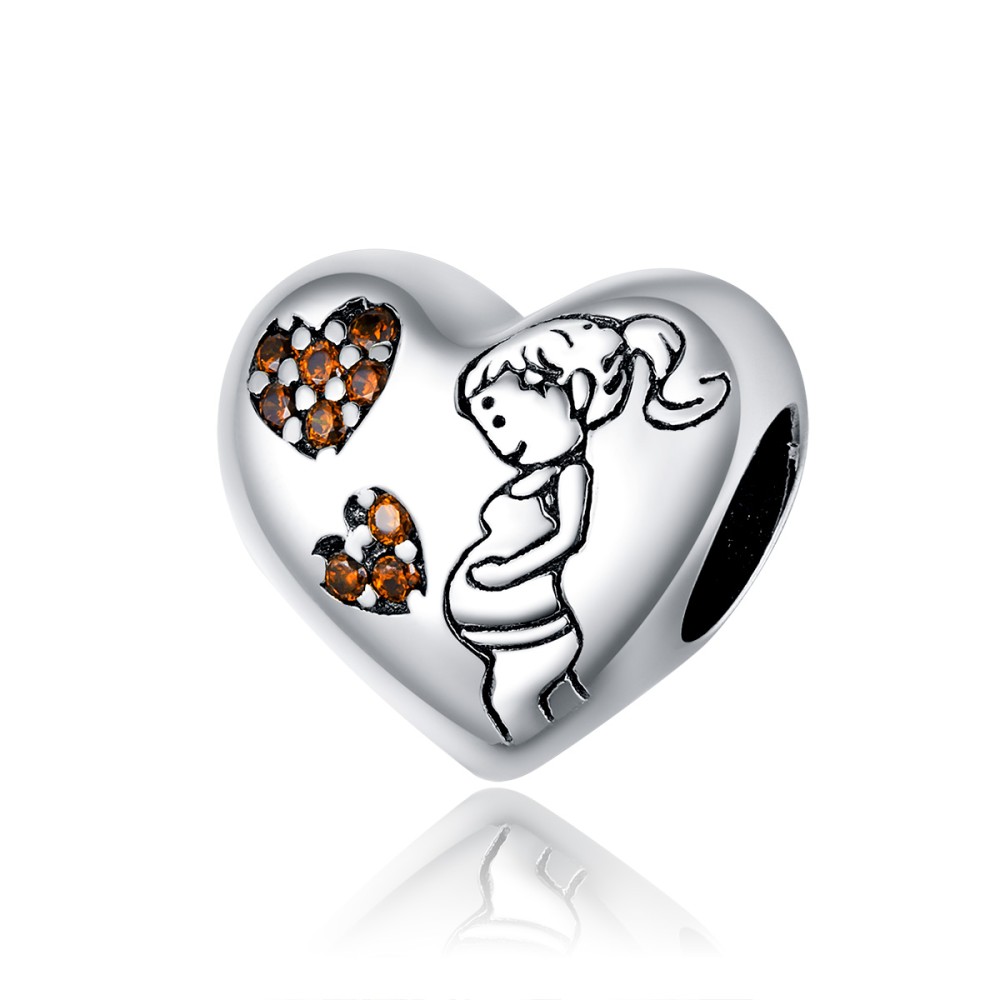 Charm Silver Me, από Ασήμι 925, Pregnant Mom και καρδιές με καφέ πέτρες - 1098