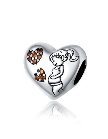 Charm Silver Me, από Ασήμι 925, Pregnant Mom και καρδιές με καφέ πέτρες - 1098