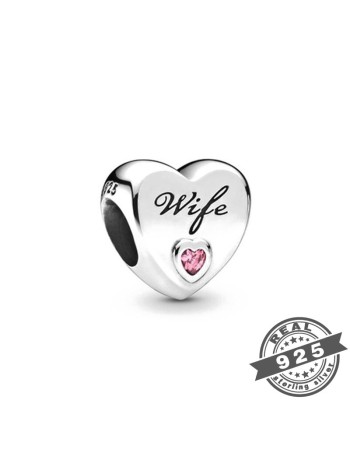 Charm Silver Me, από Ασήμι 925, Wife heart with pink stone - 91033